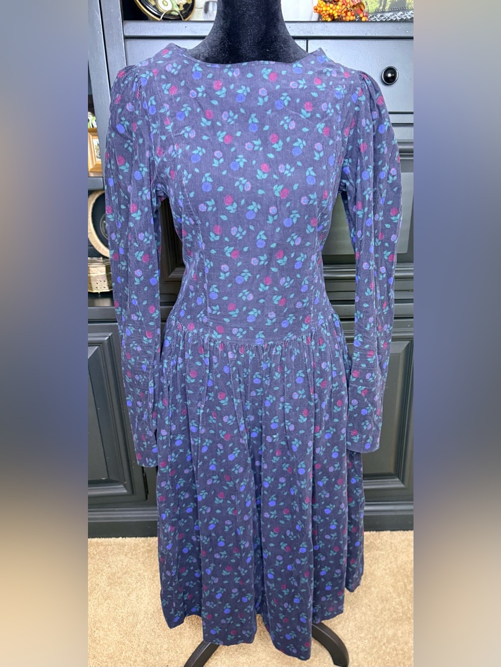 Vintage 80’s Laura Ashley Blue Corduroy floral midi dress preppy cottagecore 10
